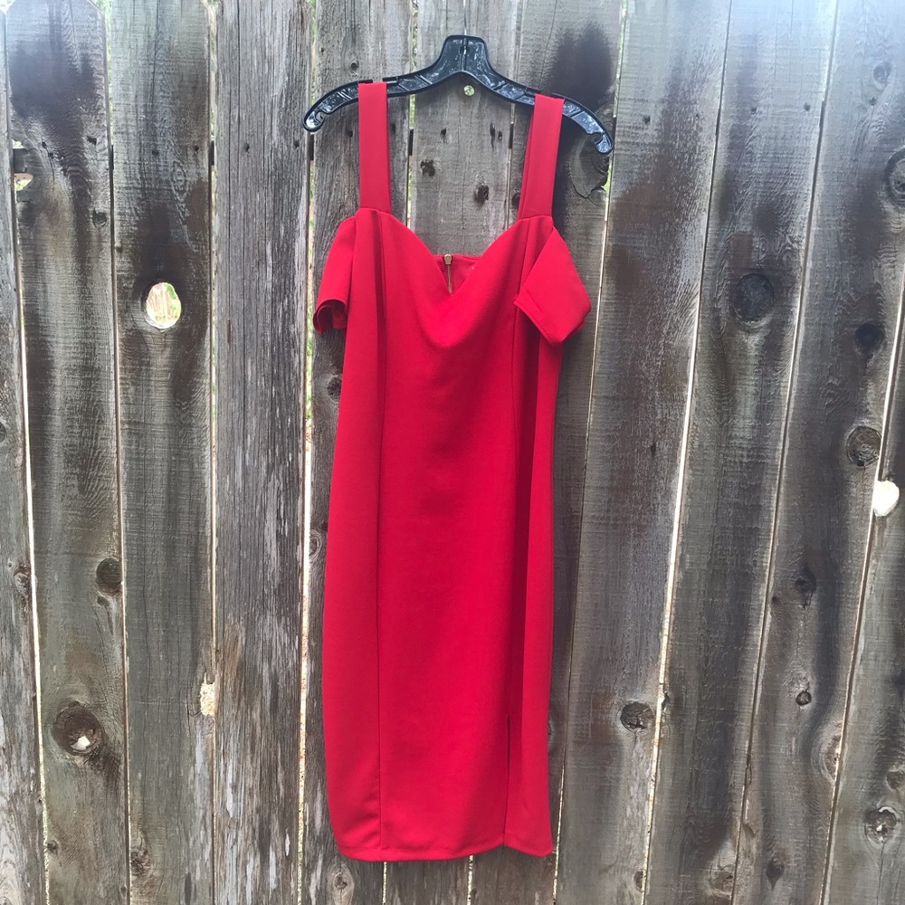 Red off the shoulder midi dress